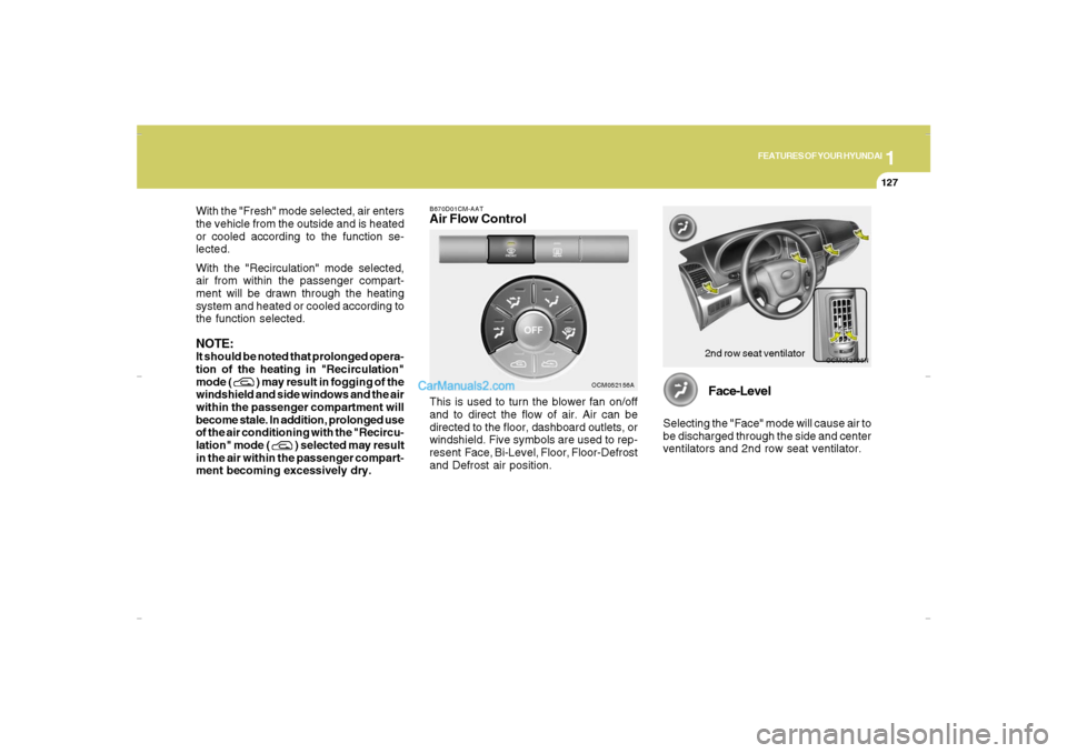 Hyundai Santa Fe 2007  Owners Manual 1
FEATURES OF YOUR HYUNDAI
127
FEATURES OF YOUR HYUNDAI
127127127127
With the "Fresh" mode selected, air enters
the vehicle from the outside and is heated
or cooled according to the function se-
lecte