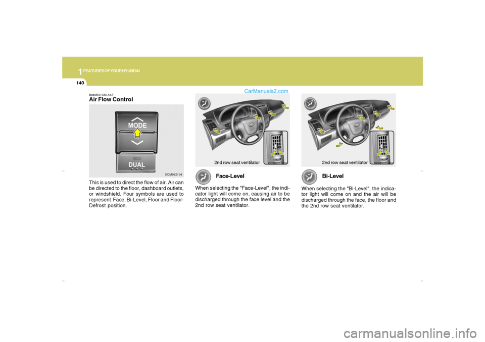 Hyundai Santa Fe 2007 Owners Manual 1FEATURES OF YOUR HYUNDAI
140
OCM052106N
Bi-Level
When selecting the "Bi-Level", the indica-
tor light will come on and the air will be
discharged through the face, the floor and
the 2nd row seat vent Hyundai Santa Fe 2007 Owners Manual 1FEATURES OF YOUR HYUNDAI
140
OCM052106N
Bi-Level
When selecting the "Bi-Level", the indica-
tor light will come on and the air will be
discharged through the face, the floor and
the 2nd row seat vent