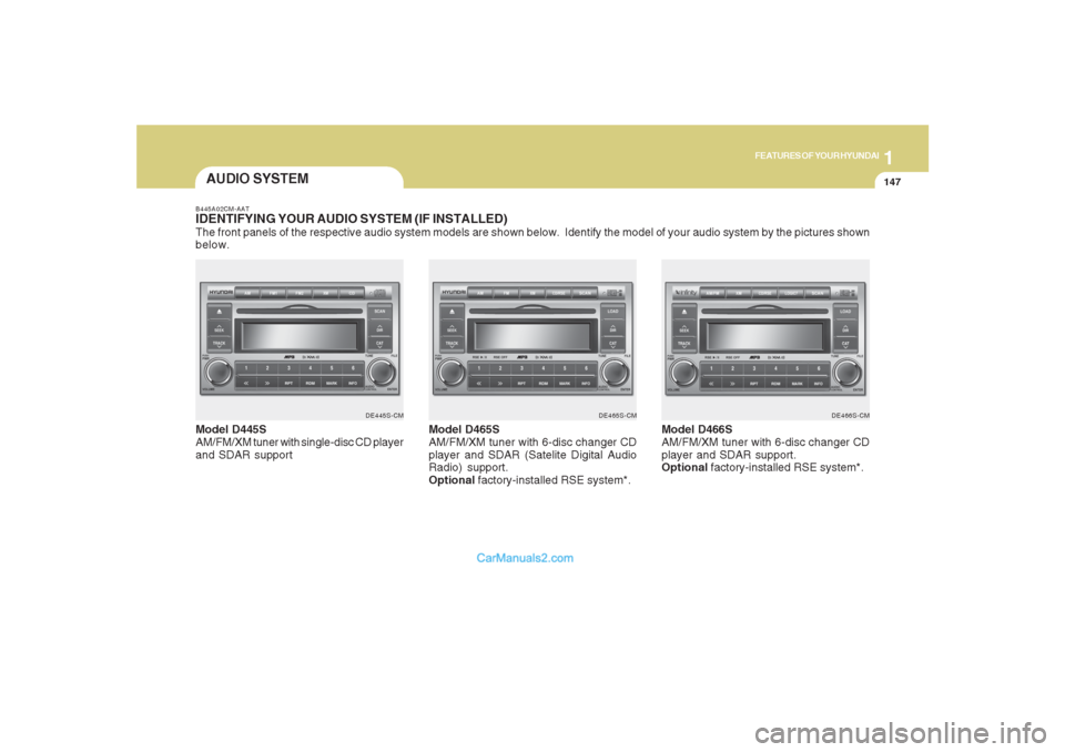 Hyundai Santa Fe 2007  Owners Manual 1147147147147147147
FEATURES OF YOUR HYUNDAI
AUDIO SYSTEMB445A02CM-AATIDENTIFYING YOUR AUDIO SYSTEM (IF INSTALLED)The front panels of the respective audio system models are shown below.  Identify the 