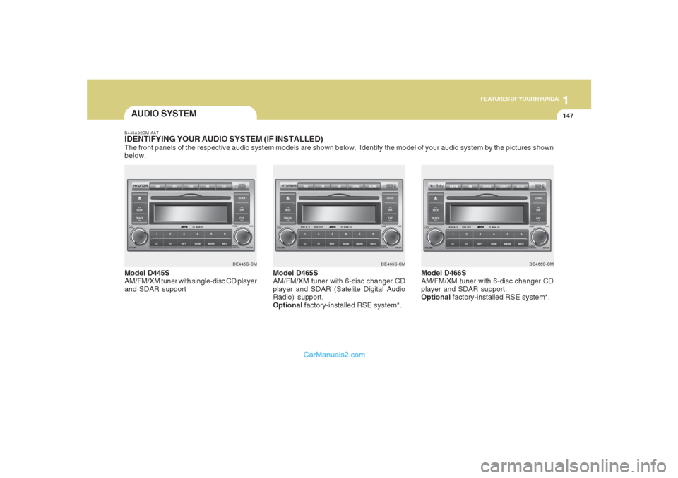 Hyundai Santa Fe 2007 Owners Manual 1147147147147147147
FEATURES OF YOUR HYUNDAI
AUDIO SYSTEMB445A02CM-AATIDENTIFYING YOUR AUDIO SYSTEM (IF INSTALLED)The front panels of the respective audio system models are shown below. Identify the Hyundai Santa Fe 2007 Owners Manual 1147147147147147147
FEATURES OF YOUR HYUNDAI
AUDIO SYSTEMB445A02CM-AATIDENTIFYING YOUR AUDIO SYSTEM (IF INSTALLED)The front panels of the respective audio system models are shown below. Identify the