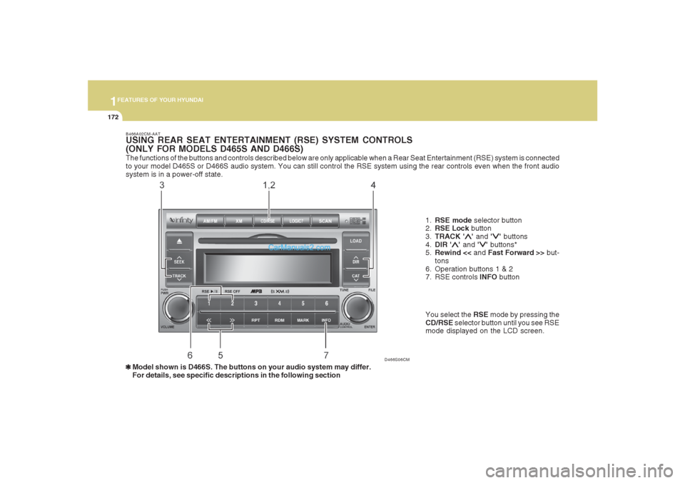 Hyundai Santa Fe 2007  Owners Manual 1FEATURES OF YOUR HYUNDAI
172
The functions of the buttons and controls described below are only applicable when a Rear Seat Entertainment (RSE) system is connected
to your model D465S or D466S audio 