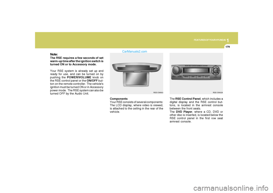 Hyundai Santa Fe 2007  Owners Manual 1
FEATURES OF YOUR HYUNDAI
179
FEATURES OF YOUR HYUNDAI
179179179179
Components
Your RSE consists of several components:
The LCD display, where video is viewed,
is attached to the ceiling in the rear 