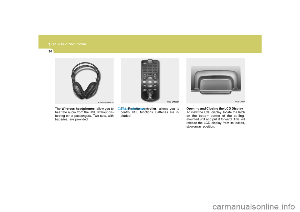 Hyundai Santa Fe 2007 Owners Manual 1FEATURES OF YOUR HYUNDAI
180
The Wireless headphones, allow you to
hear the audio from the RSE without dis-
turbing other passengers. Two sets, with
batteries, are provided.The Remote controller, all Hyundai Santa Fe 2007 Owners Manual 1FEATURES OF YOUR HYUNDAI
180
The Wireless headphones, allow you to
hear the audio from the RSE without dis-
turbing other passengers. Two sets, with
batteries, are provided.The Remote controller, all