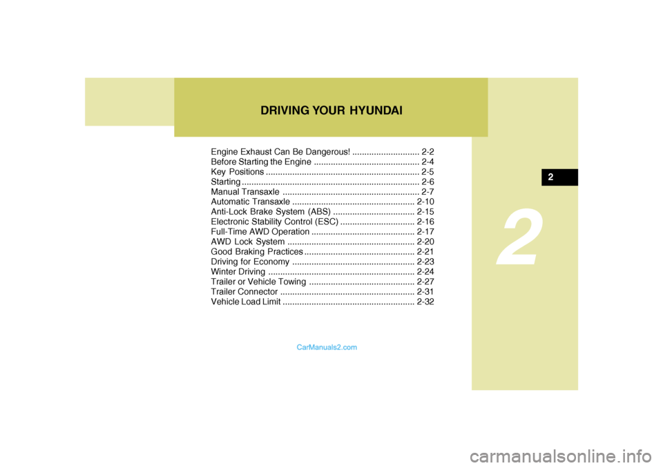 Hyundai Santa Fe 2007 Owners Guide DRIVING YOUR  HYUNDAI
2
Engine Exhaust Can Be Dangerous! ............................ 2-2
Before Starting the Engine ............................................ 2-4
Key Positions ....................