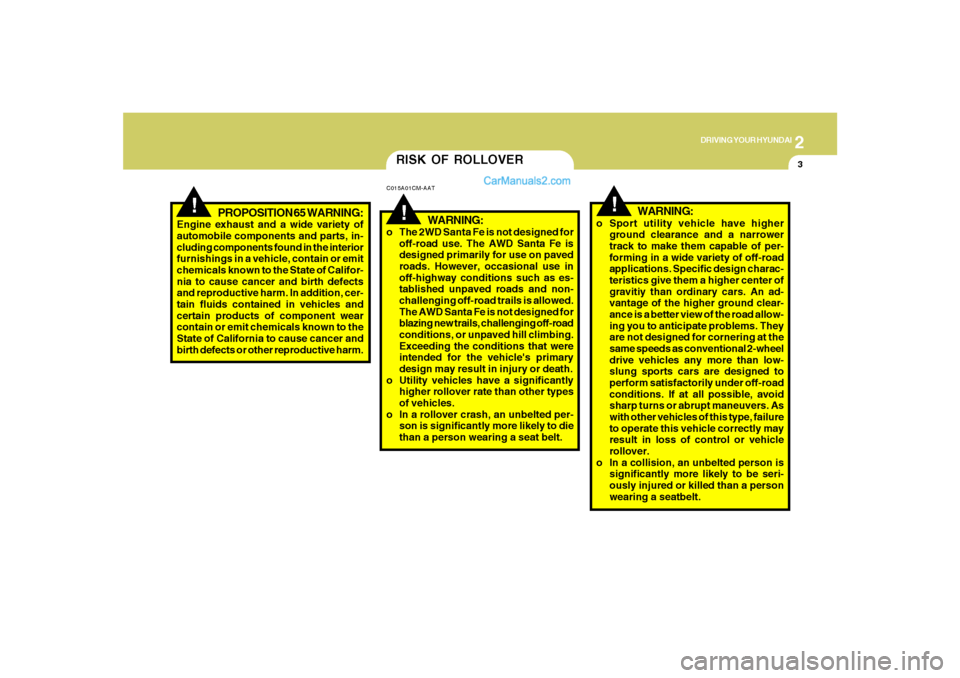 Hyundai Santa Fe 2007 Owners Guide 2
DRIVING YOUR HYUNDAI
3
!
!
WARNING:
o The 2WD Santa Fe is not designed for
off-road use. The AWD Santa Fe is
designed primarily for use on paved
roads. However, occasional use in
off-highway conditi