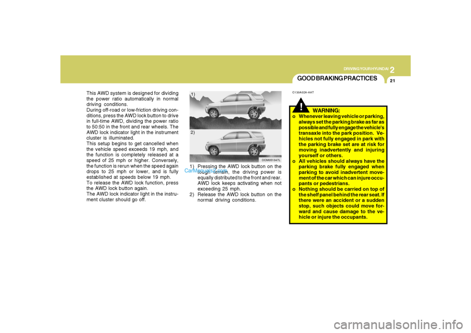 Hyundai Santa Fe 2007 Owners Manual 2
DRIVING YOUR HYUNDAI
21
GOOD BRAKING PRACTICESC130A02A-AAT
WARNING:
o Whenever leaving vehicle or parking,
always set the parking brake as far as
possible and fully engage the vehicles
transaxle in Hyundai Santa Fe 2007 Owners Manual 2
DRIVING YOUR HYUNDAI
21
GOOD BRAKING PRACTICESC130A02A-AAT
WARNING:
o Whenever leaving vehicle or parking,
always set the parking brake as far as
possible and fully engage the vehicles
transaxle in