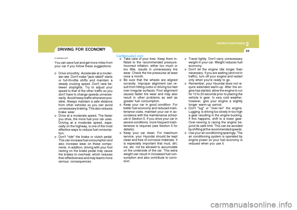 Hyundai Santa Fe 2007 Owners Manual 2
DRIVING YOUR HYUNDAI
23
DRIVING FOR ECONOMYC140A02A-AATYou can save fuel and get more miles from
your car if you follow these suggestions:
o Drive smoothly. Accelerate at a moder-
ate rate. Dont ma Hyundai Santa Fe 2007 Owners Manual 2
DRIVING YOUR HYUNDAI
23
DRIVING FOR ECONOMYC140A02A-AATYou can save fuel and get more miles from
your car if you follow these suggestions:
o Drive smoothly. Accelerate at a moder-
ate rate. Dont ma