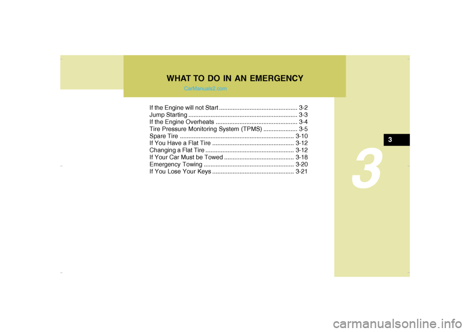 Hyundai Santa Fe 2007  Owners Manual If the Engine will not Start .............................................. 3-2
Jump Starting ................................................................ 3-3
If the Engine Overheats .............