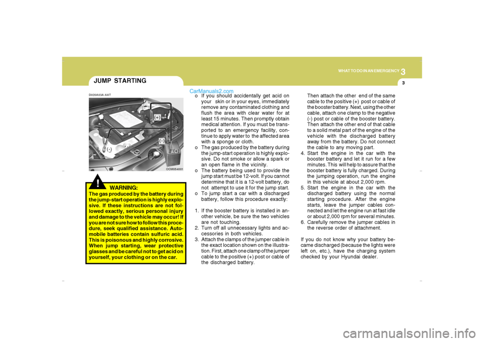 Hyundai Santa Fe 2007 User Guide 3
WHAT TO DO IN AN EMERGENCY
3
JUMP STARTING!
o If you should accidentally get acid on
your   skin or in your eyes, immediately
remove any contaminated clothing and
flush the area with clear water for