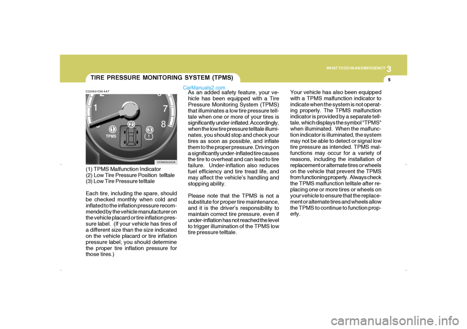 Hyundai Santa Fe 2007  Owners Manual 3
WHAT TO DO IN AN EMERGENCY
5
TIRE PRESSURE MONITORING SYSTEM (TPMS)
OCM053202A C320A01CM-AAT
(1) TPMS Malfunction Indicator
(2) Low Tire Pressure Position  telltale
(3) Low Tire Pressure telltale
Ea