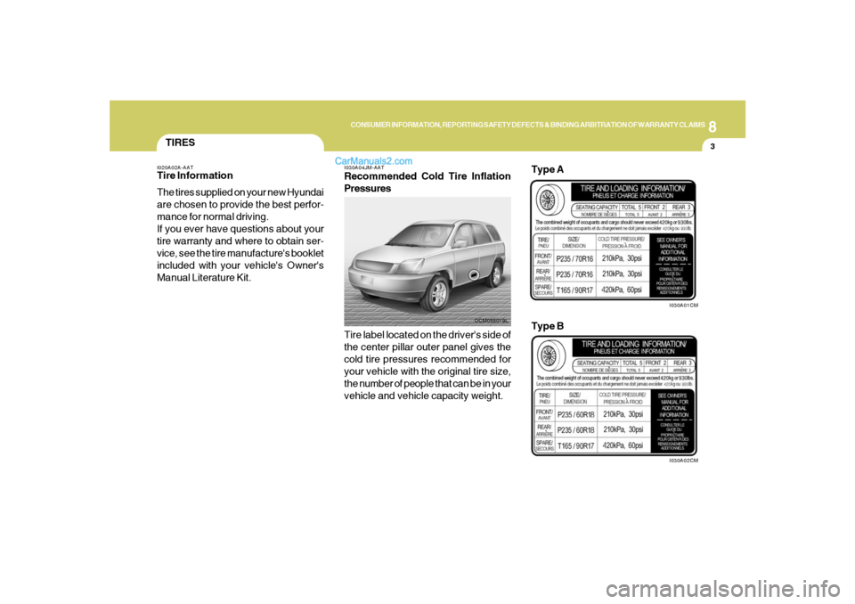 Hyundai Santa Fe 2007  Owners Manual 8
CONSUMER INFORMATION, REPORTING SAFETY DEFECTS & BINDING ARBITRATION OF WARRANTY CLAIMS
3
TIRES
I030A04JM-AATRecommended Cold Tire Inflation
Pressures
I020A02A-AATTire Information
The tires supplied