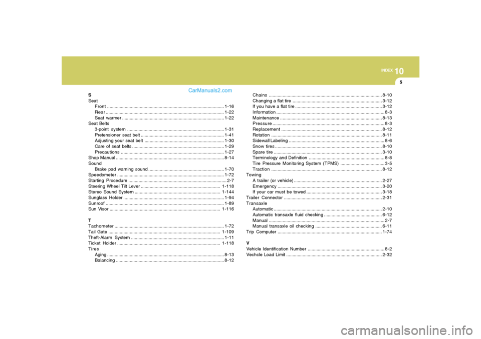 Hyundai Santa Fe 2007  Owners Manual 10
INDEX
5
S
Seat
Front.............................................................................................1-16
Rear...........................................................................