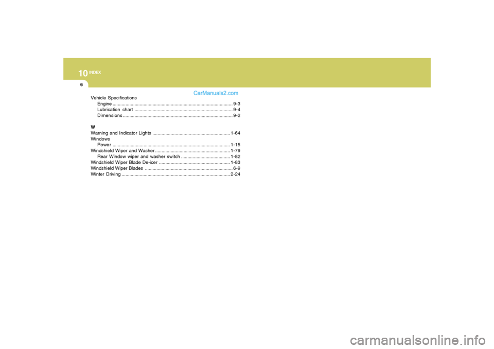 Hyundai Santa Fe 2007 User Guide 10
INDEX
6
Vehicle Specifications
Engine ............................................................................................. 9-3
Lubrication chart............................................