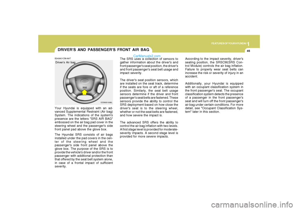 Hyundai Santa Fe 2007 Workshop Manual 1
FEATURES OF YOUR HYUNDAI
45
The SRS uses a collection of sensors to
gather information about the drivers and
front passengers seat position, the drivers
and front passengers seat belt usage and
Hyundai Santa Fe 2007 Workshop Manual 1
FEATURES OF YOUR HYUNDAI
45
The SRS uses a collection of sensors to
gather information about the drivers and
front passengers seat position, the drivers
and front passengers seat belt usage and