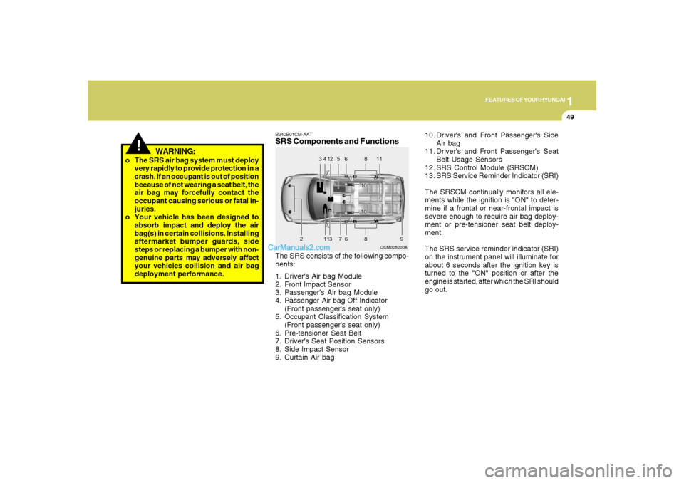 Hyundai Santa Fe 2007 Repair Manual 1
FEATURES OF YOUR HYUNDAI
49
!
WARNING:
o The SRS air bag system must deploy
very rapidly to provide protection in a
crash. If an occupant is out of position
because of not wearing a seat belt, the
a Hyundai Santa Fe 2007 Repair Manual 1
FEATURES OF YOUR HYUNDAI
49
!
WARNING:
o The SRS air bag system must deploy
very rapidly to provide protection in a
crash. If an occupant is out of position
because of not wearing a seat belt, the
a