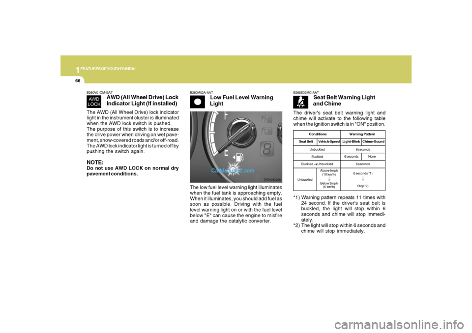 Hyundai Santa Fe 2007 Owners Guide 1FEATURES OF YOUR HYUNDAI66
B260V01CM-GAT
AWD (All Wheel Drive) Lock
Indicator Light (If installed)
The AWD (All Wheel Drive) lock indicator
light in the instrument cluster is illuminated
when the AWD