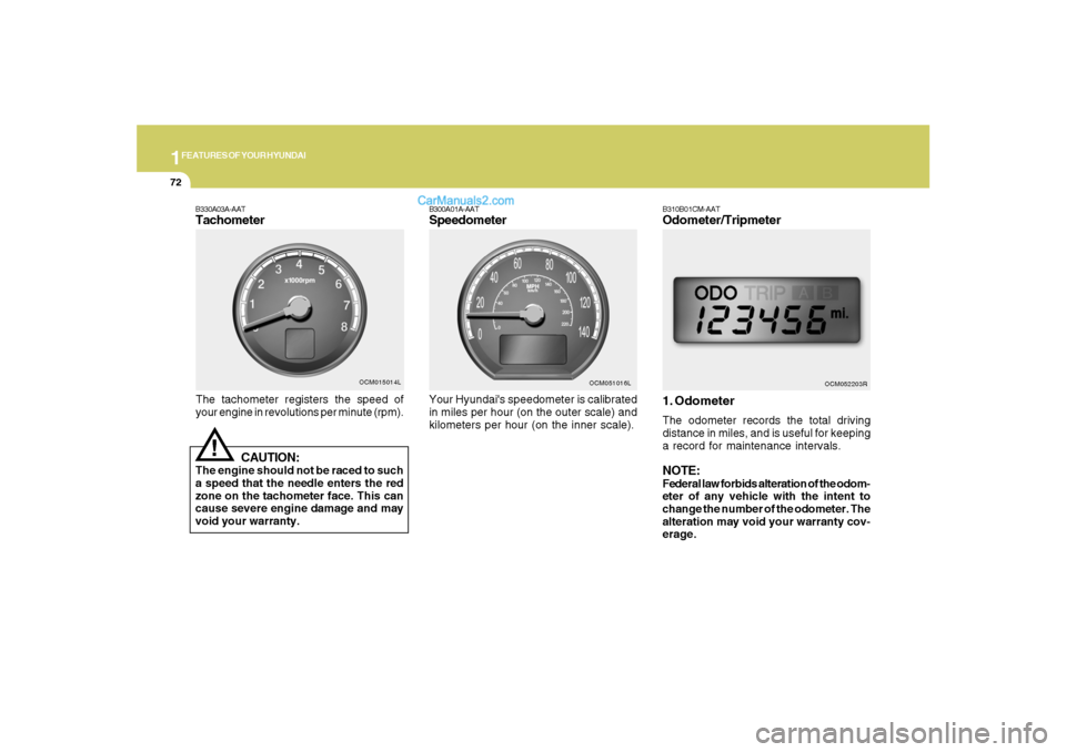 Hyundai Santa Fe 2007  Owners Manual 1FEATURES OF YOUR HYUNDAI72
B310B01CM-AATOdometer/Tripmeter
1. OdometerThe odometer records the total driving
distance in miles, and is useful for keeping
a record for maintenance intervals.NOTE:Feder