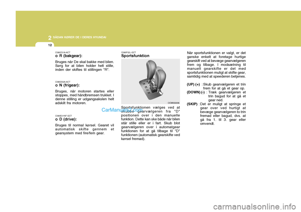 Hyundai Santa Fe 2007 Instruktionsbog (in Danish) 2 SÅDAN KØRER DE I DERES HYUNDAI
12
C090C01A-ACT
o R (bakgear): Bruges når De skal bakke med bilen. Sørg for at bilen holder helt stille, inden der skiftes til stillingen "R". C090D02A-ACT
o N ( Hyundai Santa Fe 2007 Instruktionsbog (in Danish) 2 SÅDAN KØRER DE I DERES HYUNDAI
12
C090C01A-ACT
o R (bakgear): Bruges når De skal bakke med bilen. Sørg for at bilen holder helt stille, inden der skiftes til stillingen "R". C090D02A-ACT
o N (