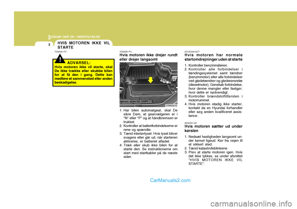 Hyundai Santa Fe 2007 Instruktionsbog (in Danish) 3SÅDAN GØR DE I NØDSTILFÆLDE
2
!
HVIS MOTOREN IKKE VIL STARTE
AD020D1-AC Hvis motoren sætter ud under
kørslen
1. Nedsæt hastigheden langsomt un- der kørsel ligeud. Kør fra vejen til et sikke Hyundai Santa Fe 2007 Instruktionsbog (in Danish) 3SÅDAN GØR DE I NØDSTILFÆLDE
2
!
HVIS MOTOREN IKKE VIL STARTE
AD020D1-AC Hvis motoren sætter ud under
kørslen
1. Nedsæt hastigheden langsomt un- der kørsel ligeud. Kør fra vejen til et sikke