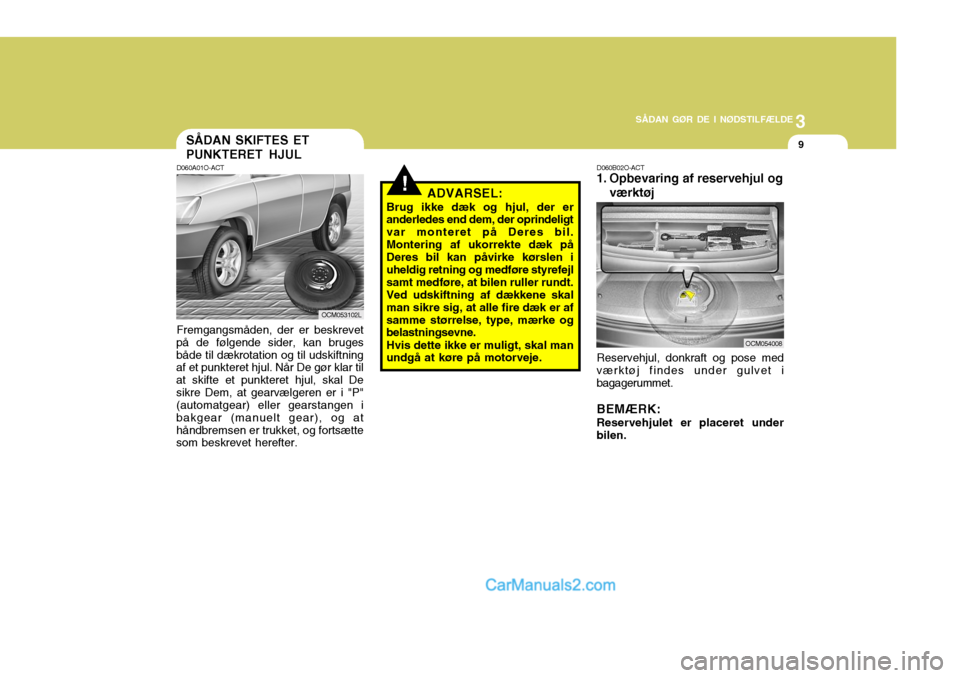 Hyundai Santa Fe 2007 Instruktionsbog (in Danish) 3
SÅDAN GØR DE I NØDSTILFÆLDE
9
!
SÅDAN SKIFTES ET PUNKTERET HJUL
D060A01O-ACT Fremgangsmåden, der er beskrevet
på de følgende sider, kan bruges både til dækrotation og til udskiftning af et Hyundai Santa Fe 2007 Instruktionsbog (in Danish) 3
SÅDAN GØR DE I NØDSTILFÆLDE
9
!
SÅDAN SKIFTES ET PUNKTERET HJUL
D060A01O-ACT Fremgangsmåden, der er beskrevet
på de følgende sider, kan bruges både til dækrotation og til udskiftning af et