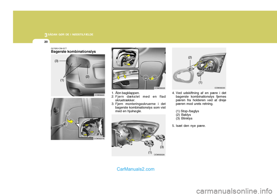 Hyundai Santa Fe 2007  Instruktionsbog (in Danish) 3SÅDAN GØR DE I NØDSTILFÆLDE
20
4. Ved udskiftning af en pære i detbagerste kombinationslys fjernes pæren fra holderen ved at dreje pæren mod urets retning. (1) Stop-/baglys (2) Baklys (3) Blin