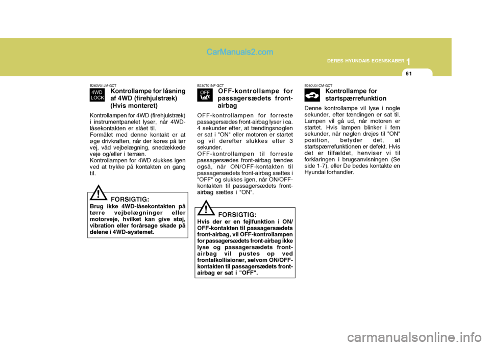 Hyundai Santa Fe 2007 Instruktionsbog (in Danish) 1
DERES HYUNDAIS EGENSKABER
61
1
DERES HYUNDAIS EGENSKABER
61
B260U01CM-GCT Kontrollampe for startspærrefunktion
Denne kontrollampe vil lyse i nogle sekunder, efter tændingen er sat til. Lampen vil Hyundai Santa Fe 2007 Instruktionsbog (in Danish) 1
DERES HYUNDAIS EGENSKABER
61
1
DERES HYUNDAIS EGENSKABER
61
B260U01CM-GCT Kontrollampe for startspærrefunktion
Denne kontrollampe vil lyse i nogle sekunder, efter tændingen er sat til. Lampen vil
