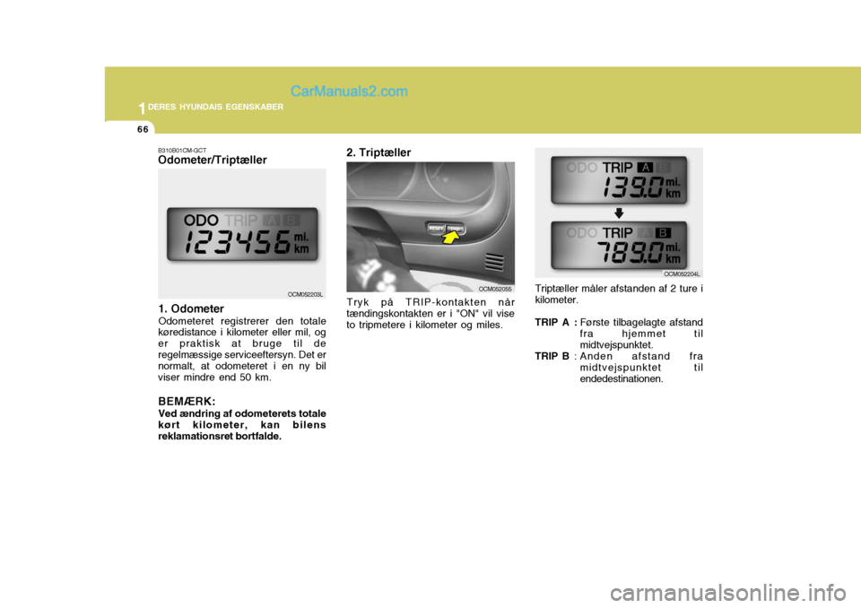 Hyundai Santa Fe 2007  Instruktionsbog (in Danish) 1DERES HYUNDAIS EGENSKABER
66
2. Triptæller
OCM052203L
B310B01CM-GCT Odometer/Triptæller
1. Odometer Odometeret registrerer den totale
køredistance i kilometer eller mil, og er praktisk at bruge ti