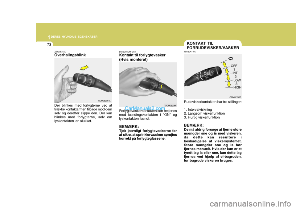 Hyundai Santa Fe 2007  Instruktionsbog (in Danish) 1DERES HYUNDAIS EGENSKABER
72
ZB120E1-AC Overhalingsblink Der blinkes med forlygterne ved at trække kontaktarmen tilbage mod dem selv og derefter slippe den. Der kan blinkes med forlygterne, selv oml