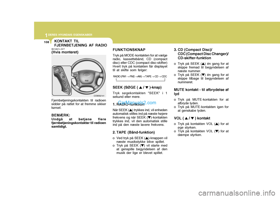 Hyundai Santa Fe 2007 Instruktionsbog (in Danish) 1DERES HYUNDAIS EGENSKABER
108KONTAKT TIL FJERNBETJENING AF RADIO
B610A01L-GCT (Hvis monteret)
Fjernbetjeningskontakten til radioen sidder på rattet for at fremme sikker kørsel. BEMÆRK: Undgå at b Hyundai Santa Fe 2007 Instruktionsbog (in Danish) 1DERES HYUNDAIS EGENSKABER
108KONTAKT TIL FJERNBETJENING AF RADIO
B610A01L-GCT (Hvis monteret)
Fjernbetjeningskontakten til radioen sidder på rattet for at fremme sikker kørsel. BEMÆRK: Undgå at b