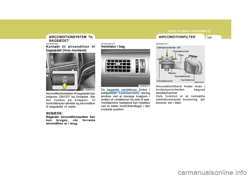 Hyundai Santa Fe 2007 Instruktionsbog (in Danish) 1
DERES HYUNDAIS EGENSKABER
127
1
DERES HYUNDAIS EGENSKABER
127AIRCONDITIONFILTER
B760A06A-GCT Airconditionfilteret findes foran i fordamperenheden bagved handskerummet.Dets funktion er at nedsætteud Hyundai Santa Fe 2007 Instruktionsbog (in Danish) 1
DERES HYUNDAIS EGENSKABER
127
1
DERES HYUNDAIS EGENSKABER
127AIRCONDITIONFILTER
B760A06A-GCT Airconditionfilteret findes foran i fordamperenheden bagved handskerummet.Dets funktion er at nedsætteud