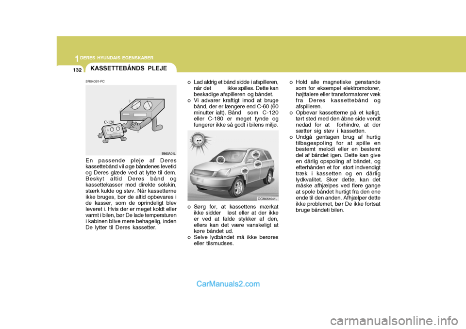Hyundai Santa Fe 2007 Instruktionsbog (in Danish) 1DERES HYUNDAIS EGENSKABER
132KASSETTEBÅNDS PLEJE
SR040B1-FC
B860A01L
En passende pleje af Deres kassettebånd vil øge båndenes levetid og Deres glæde ved at lytte til dem.Beskyt altid Deres bånd Hyundai Santa Fe 2007 Instruktionsbog (in Danish) 1DERES HYUNDAIS EGENSKABER
132KASSETTEBÅNDS PLEJE
SR040B1-FC
B860A01L
En passende pleje af Deres kassettebånd vil øge båndenes levetid og Deres glæde ved at lytte til dem.Beskyt altid Deres bånd