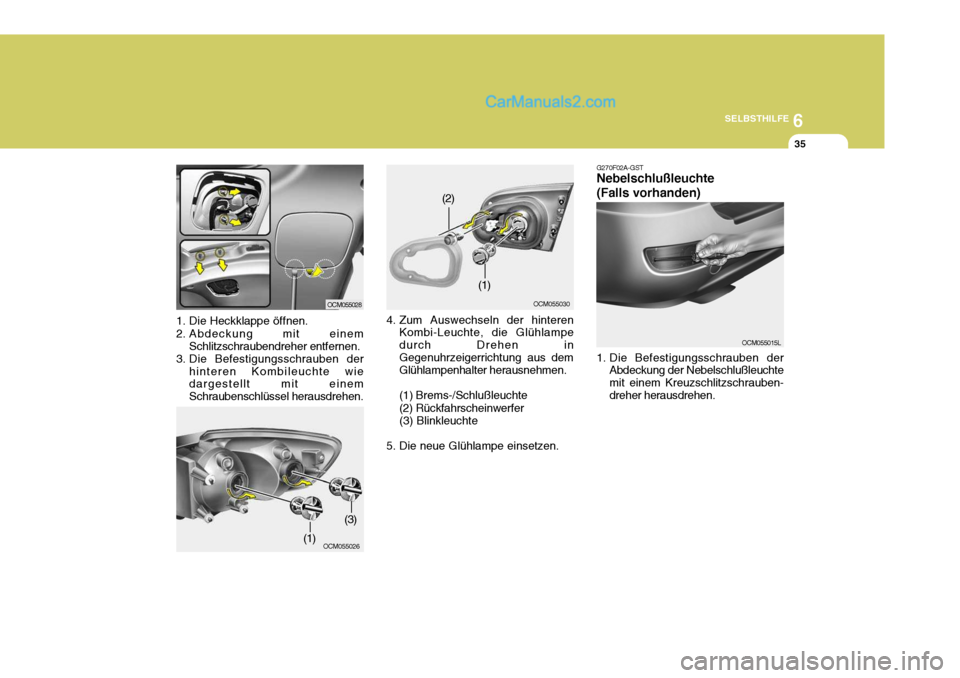 Hyundai Santa Fe 2007 Betriebsanleitung (in German) 6
SELBSTHILFE
35
1. Die Heckklappe öffnen.
2. Abdeckung mit einem Schlitzschraubendreher entfernen.
3. Die Befestigungsschrauben der
hinteren Kombileuchte wie dargestellt mit einem Schraubenschlüss Hyundai Santa Fe 2007 Betriebsanleitung (in German) 6
SELBSTHILFE
35
1. Die Heckklappe öffnen.
2. Abdeckung mit einem Schlitzschraubendreher entfernen.
3. Die Befestigungsschrauben der
hinteren Kombileuchte wie dargestellt mit einem Schraubenschlüss
