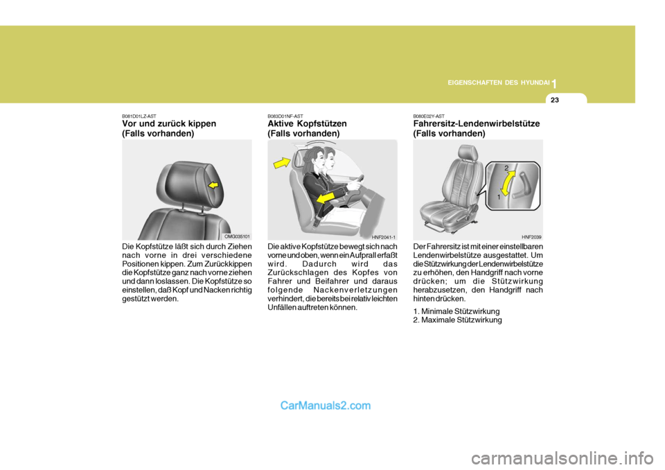Hyundai Santa Fe 2007  Betriebsanleitung (in German) 1
EIGENSCHAFTEN DES HYUNDAI
23
B080E02Y-AST Fahrersitz-Lendenwirbelstütze (Falls vorhanden) Der Fahrersitz ist mit einer einstellbaren Lendenwirbelstütze ausgestattet. Umdie Stützwirkung der Lenden