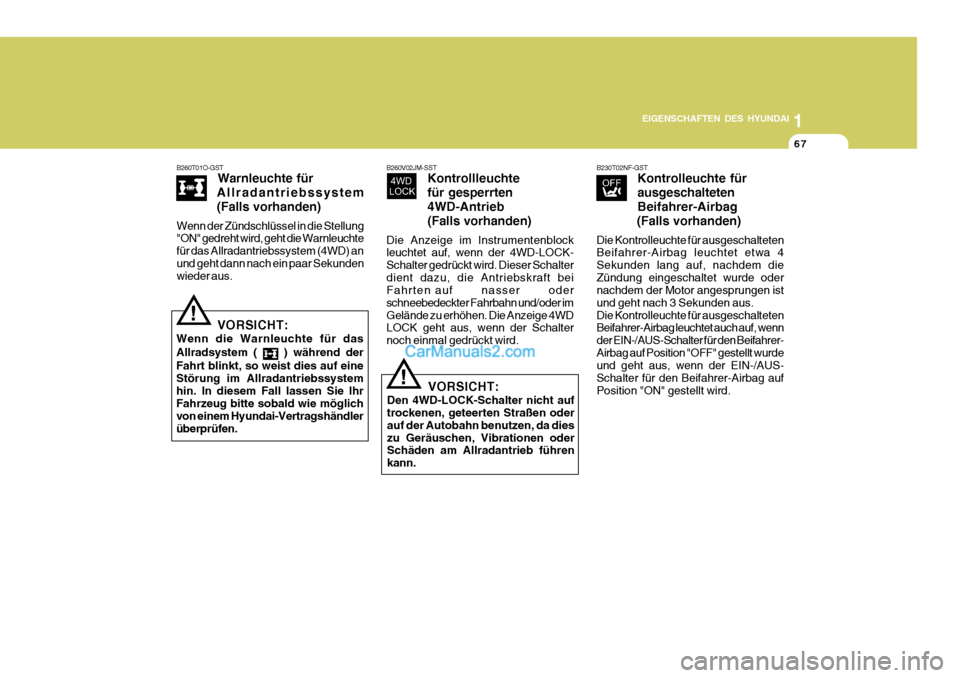 Hyundai Santa Fe 2007  Betriebsanleitung (in German) 1
EIGENSCHAFTEN DES HYUNDAI
67
B230T02NF-GST Kontrolleuchte für ausgeschaltetenBeifahrer-Airbag
(Falls vorhanden)
Die Kontrolleuchte für ausgeschalteten Beifahrer-Airbag leuchtet etwa 4 Sekunden lan