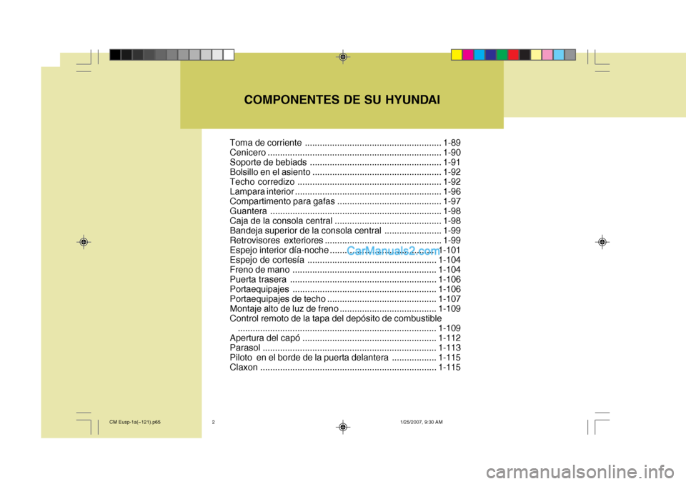 Hyundai Santa Fe 2007  Manual del propietario (in Spanish) COMPONENTES DE SU HYUNDAI
Toma de corriente ....................................................... 1-89
Cenicero ...................................................................... 1-90
Soporte de