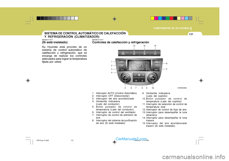 Hyundai Santa Fe 2007  Manual del propietario (in Spanish) 1
COMPONENTES DE SU HYUNDAI
131131SISTEMA DE CONTROL AUTOMÁTICO DE CALEFACCIÓN Y REFRIGERACIÓN (CLIMATIZADOR)
B970A01Y-AYT (Si está instalado) Su Hyundai está provisto de un sistema de control au