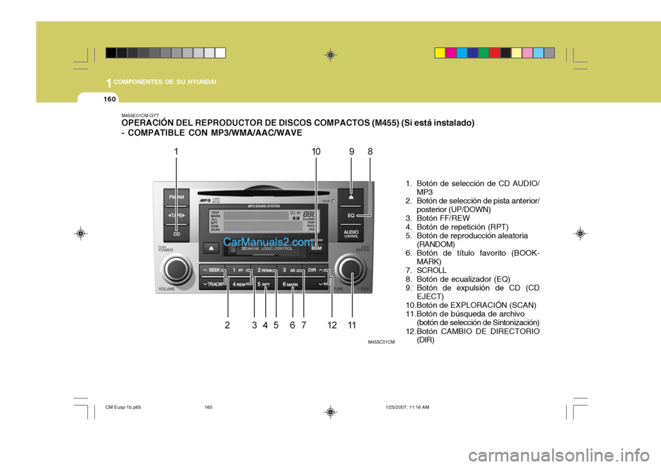 Hyundai Santa Fe 2007  Manual del propietario (in Spanish) 1COMPONENTES DE SU HYUNDAI
160
M455E01CM-GYT OPERACIÓN DEL REPRODUCTOR DE DISCOS COMPACTOS (M455) (Si está instalado) - COMPATIBLE CON MP3/WMA/AAC/WAVE
1. Botón de selección de CD AUDIO/MP3
2. Bot