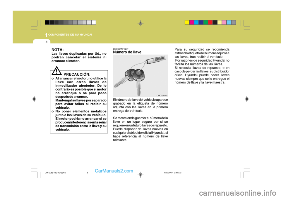 Hyundai Santa Fe 2007  Manual del propietario (in Spanish) 1COMPONENTES DE SU HYUNDAI
8
Para su seguridad se recomienda extraer la etiqueta del número adjunta alas llaves, tras recibir el vehículo.  Por razones de seguridad Hyundai no facilita los números 