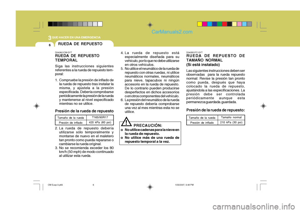 Hyundai Santa Fe 2007 Manual del propietario (in Spanish) 3QUE HACER EN UNA EMERGENCIA
6RUEDA DE REPUESTO
D040B01FC-GYT RUEDA DE REPUESTO DE TAMAÑO NORMAL(Si está instalado) Las siguientes instrucciones deben ser observadas para la rueda repuesto normal: Hyundai Santa Fe 2007 Manual del propietario (in Spanish) 3QUE HACER EN UNA EMERGENCIA
6RUEDA DE REPUESTO
D040B01FC-GYT RUEDA DE REPUESTO DE TAMAÑO NORMAL(Si está instalado) Las siguientes instrucciones deben ser observadas para la rueda repuesto normal: