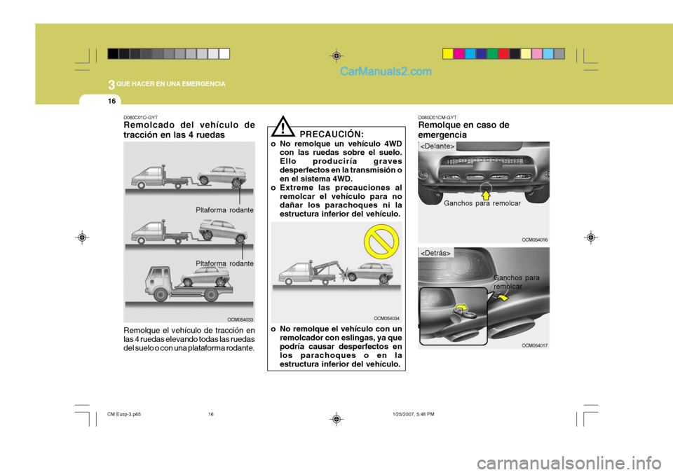 Hyundai Santa Fe 2007 Manual del propietario (in Spanish) 3QUE HACER EN UNA EMERGENCIA
16
OCM054017
Ganchos para remolcar
D080C01O-GYT Remolcado del vehículo de tracción en las 4 ruedas
OCM054033
Remolque el vehículo de tracción en las 4 ruedas elevando Hyundai Santa Fe 2007 Manual del propietario (in Spanish) 3QUE HACER EN UNA EMERGENCIA
16
OCM054017
Ganchos para remolcar
D080C01O-GYT Remolcado del vehículo de tracción en las 4 ruedas
OCM054033
Remolque el vehículo de tracción en las 4 ruedas elevando