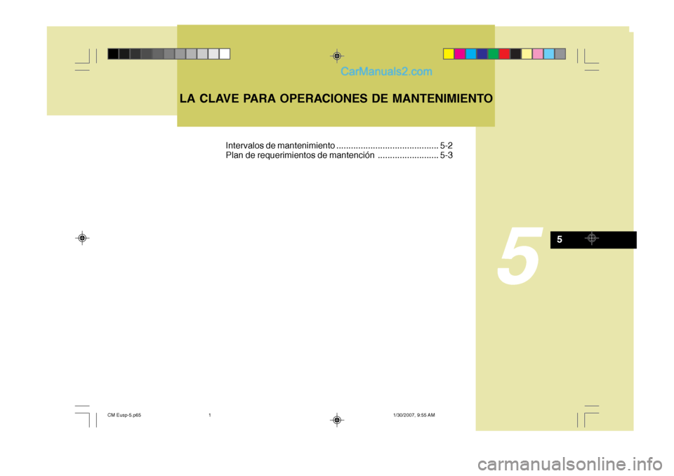 Hyundai Santa Fe 2007 Manual del propietario (in Spanish) 5
LA CLAVE PARA OPERACIONES DE MANTENIMIENTO
5
Intervalos de mantenimiento .......................................... 5-2
Plan de requerimientos de mantención ......................... 5-3
CM Eusp-5 Hyundai Santa Fe 2007 Manual del propietario (in Spanish) 5
LA CLAVE PARA OPERACIONES DE MANTENIMIENTO
5
Intervalos de mantenimiento .......................................... 5-2
Plan de requerimientos de mantención ......................... 5-3
CM Eusp-5