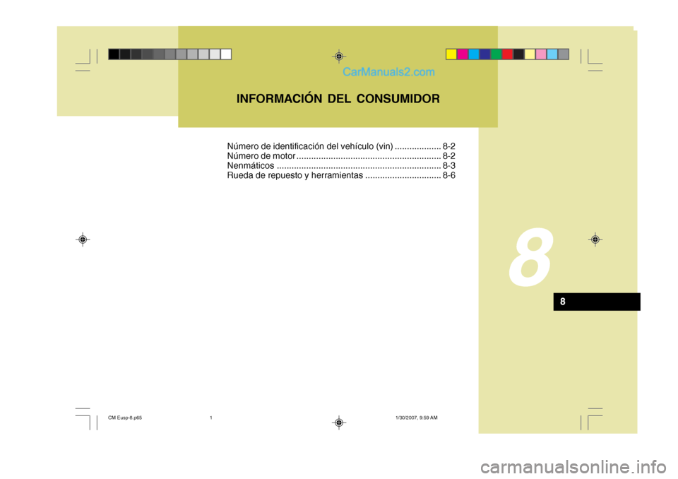 Hyundai Santa Fe 2007 Manual del propietario (in Spanish) 8
INFORMACIÓN DEL CONSUMIDOR
8
Número de identificación del vehículo (vin) ................... 8-2
Número de motor ........................................................... 8-2Nenmáticos .... Hyundai Santa Fe 2007 Manual del propietario (in Spanish) 8
INFORMACIÓN DEL CONSUMIDOR
8
Número de identificación del vehículo (vin) ................... 8-2
Número de motor ........................................................... 8-2Nenmáticos ....