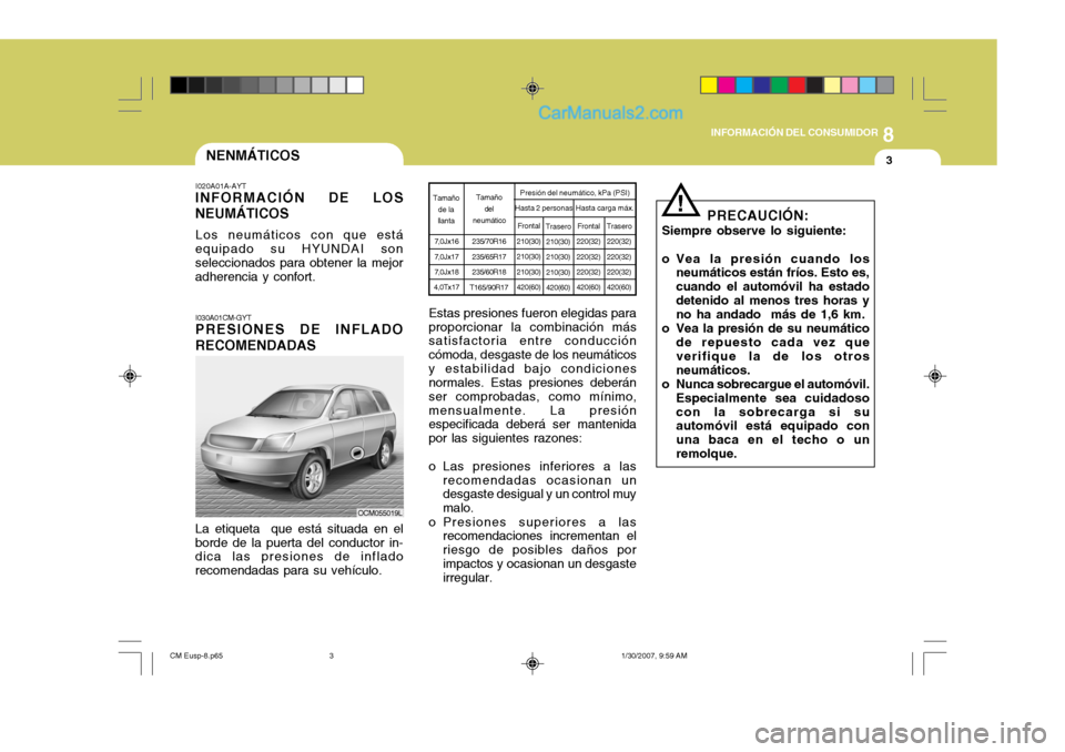 Hyundai Santa Fe 2007 Manual del propietario (in Spanish) 8
INFORMACIÓN DEL CONSUMIDOR
3NENMÁTICOS
I020A01A-AYT
INFORMACIÓN DE LOS NEUMÁTICOS
Los neumáticos con que está
equipado su HYUNDAI son seleccionados para obtener la mejor adherencia y confort.
Hyundai Santa Fe 2007 Manual del propietario (in Spanish) 8
INFORMACIÓN DEL CONSUMIDOR
3NENMÁTICOS
I020A01A-AYT
INFORMACIÓN DE LOS NEUMÁTICOS
Los neumáticos con que está
equipado su HYUNDAI son seleccionados para obtener la mejor adherencia y confort.