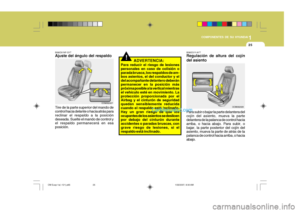 Hyundai Santa Fe 2007  Manual del propietario (in Spanish) 1
COMPONENTES DE SU HYUNDAI
25
!
B090D01NF-GYT Ajuste del ángulo del respaldo Tire de la parte superior del mando de control hacia delante o hacia atrás para reclinar el respaldo a la posicióndesea