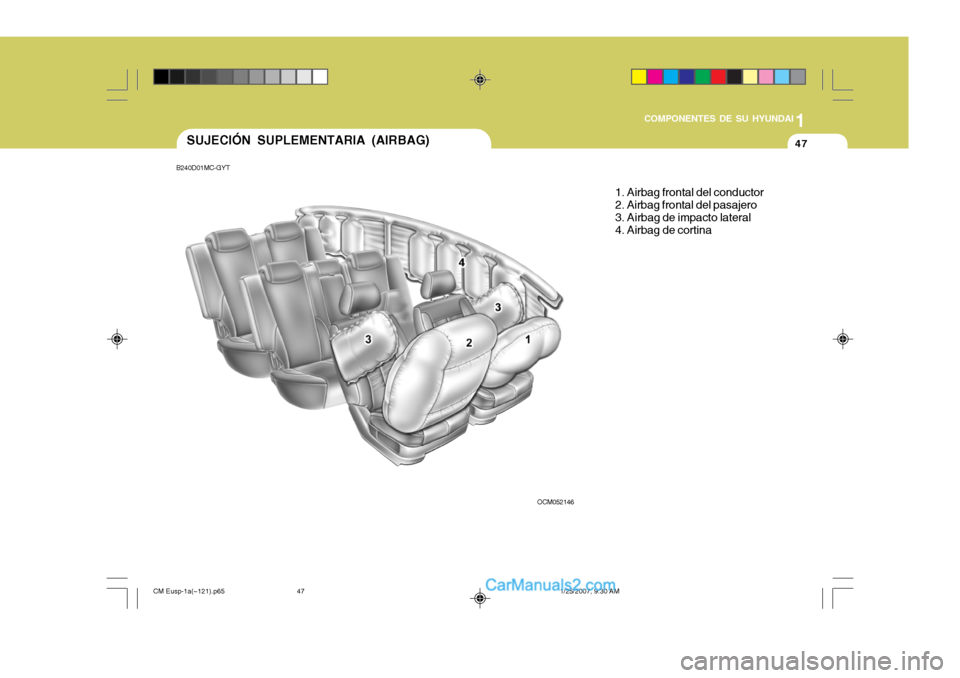 Hyundai Santa Fe 2007  Manual del propietario (in Spanish) 1
COMPONENTES DE SU HYUNDAI
47SUJECIÓN SUPLEMENTARIA (AIRBAG)
1. Airbag frontal del conductor 2. Airbag frontal del pasajero3. Airbag de impacto lateral 4. Airbag de cortina
B240D01MC-GYT
OCM052146
C