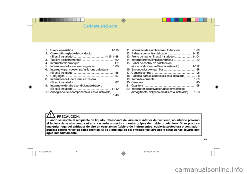 Hyundai Santa Fe 2007 Manual del propietario (in Spanish) F9
1. Dirección
asistida ............................................. 1-116
2. Claxon/Airbag lado del conductor (Si está instalado) .................................... 1-115, 1-48
3. Tablero de Hyundai Santa Fe 2007 Manual del propietario (in Spanish) F9
1. Dirección
asistida ............................................. 1-116
2. Claxon/Airbag lado del conductor (Si está instalado) .................................... 1-115, 1-48
3. Tablero de