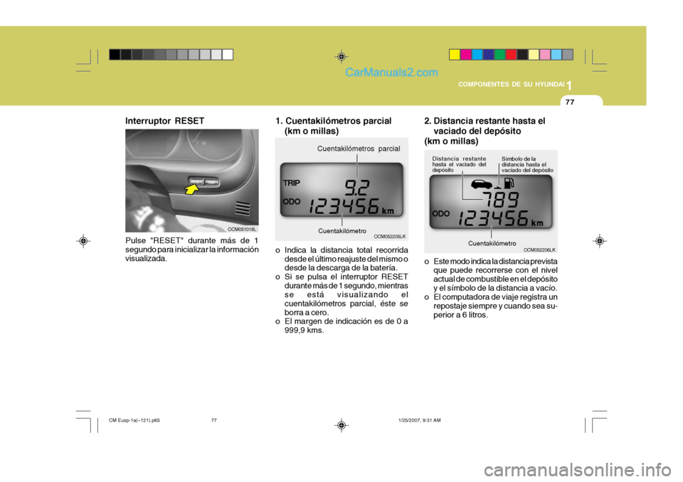Hyundai Santa Fe 2007 Manual del propietario (in Spanish) 1
COMPONENTES DE SU HYUNDAI
77
OCM052205LKOCM051018L
Interruptor RESET Pulse "RESET" durante más de 1 segundo para inicializar la informaciónvisualizada.
Cuentakilómetro
Cuentakilómetros parcial
O Hyundai Santa Fe 2007 Manual del propietario (in Spanish) 1
COMPONENTES DE SU HYUNDAI
77
OCM052205LKOCM051018L
Interruptor RESET Pulse "RESET" durante más de 1 segundo para inicializar la informaciónvisualizada.
Cuentakilómetro
Cuentakilómetros parcial
O