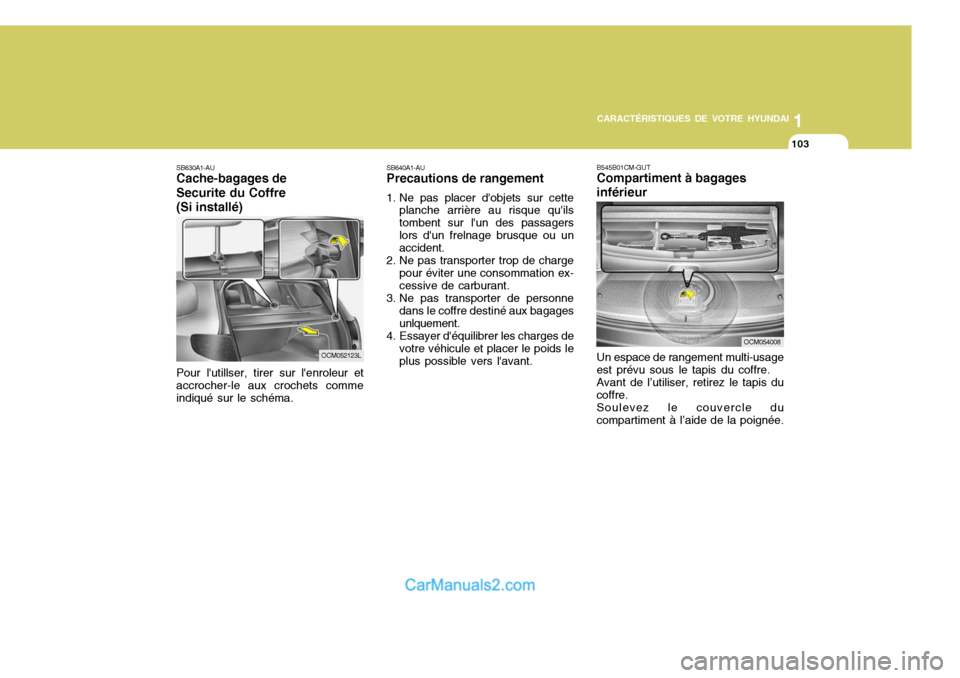 Hyundai Santa Fe 2007  Manuel du propriétaire (in French) 1
CARACTÉRISTIQUES DE VOTRE HYUNDAI
103
OCM054008
B545B01CM-GUT Compartiment à bagages inférieur
Un espace de rangement multi-usage est prévu sous le tapis du coffre.Avant de l’utiliser, retirez