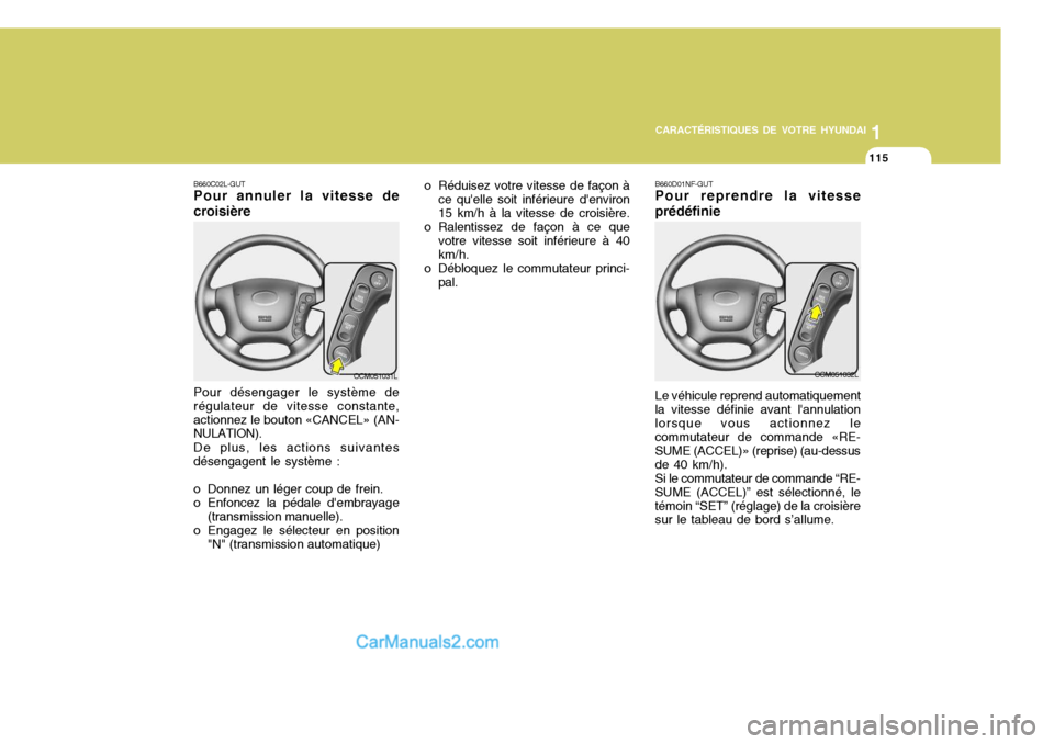 Hyundai Santa Fe 2007 Manuel du propriétaire (in French) 1
CARACTÉRISTIQUES DE VOTRE HYUNDAI
115
Pour désengager le système de régulateur de vitesse constante,actionnez le bouton «CANCEL» (AN- NULATION). De plus, les actions suivantes désengagent le Hyundai Santa Fe 2007 Manuel du propriétaire (in French) 1
CARACTÉRISTIQUES DE VOTRE HYUNDAI
115
Pour désengager le système de régulateur de vitesse constante,actionnez le bouton «CANCEL» (AN- NULATION). De plus, les actions suivantes désengagent le