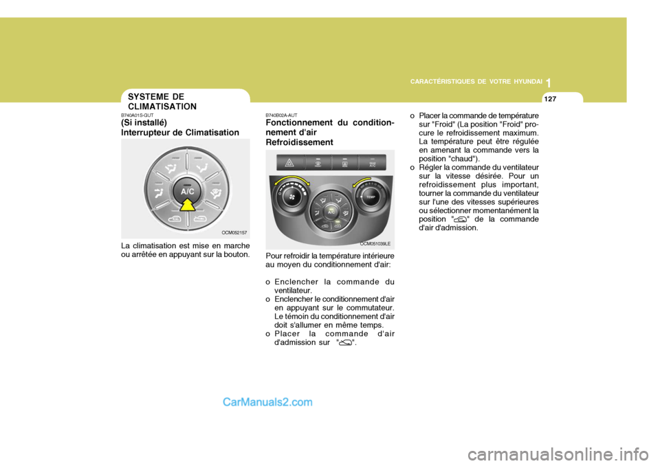 Hyundai Santa Fe 2007 Manuel du propriétaire (in French) 1
CARACTÉRISTIQUES DE VOTRE HYUNDAI
127
1
CARACTÉRISTIQUES DE VOTRE HYUNDAI
127SYSTEME DE CLIMATISATION
B740A01S-GUT (Si installé) Interrupteur de Climatisation La climatisation est mise en marche Hyundai Santa Fe 2007 Manuel du propriétaire (in French) 1
CARACTÉRISTIQUES DE VOTRE HYUNDAI
127
1
CARACTÉRISTIQUES DE VOTRE HYUNDAI
127SYSTEME DE CLIMATISATION
B740A01S-GUT (Si installé) Interrupteur de Climatisation La climatisation est mise en marche